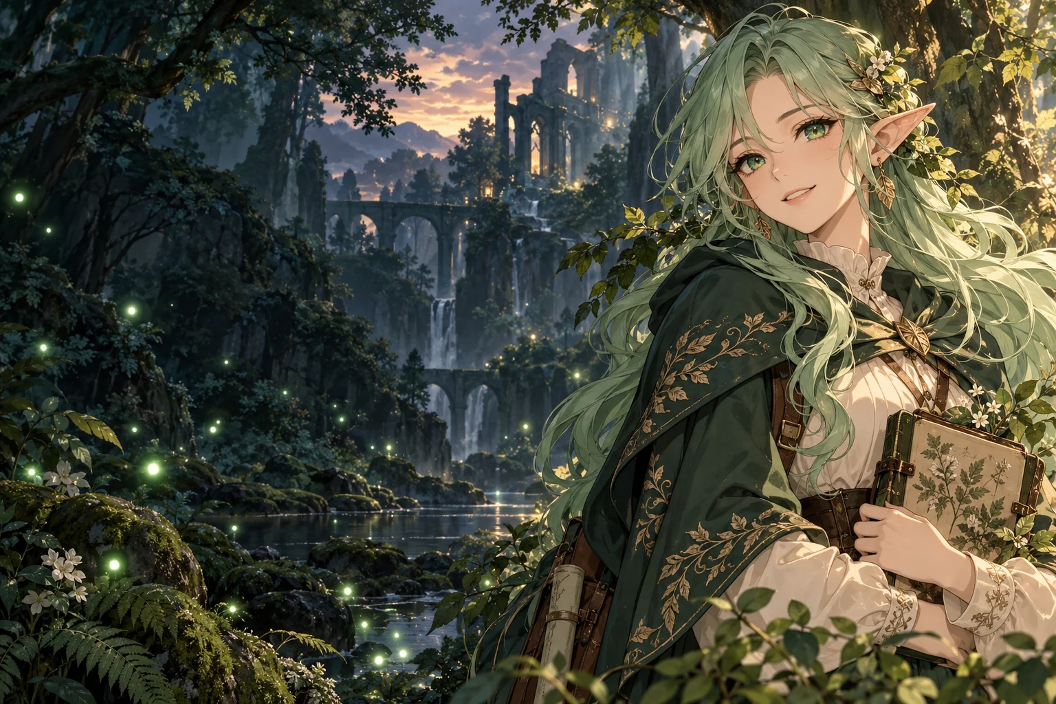 萝次元原创成年森林向导，绿发披风，手持植物速写本
